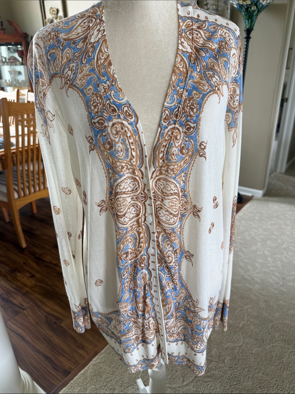 Martha Stewart Cream Paisley Open-Front Cardigan with Blue & Brown Accents